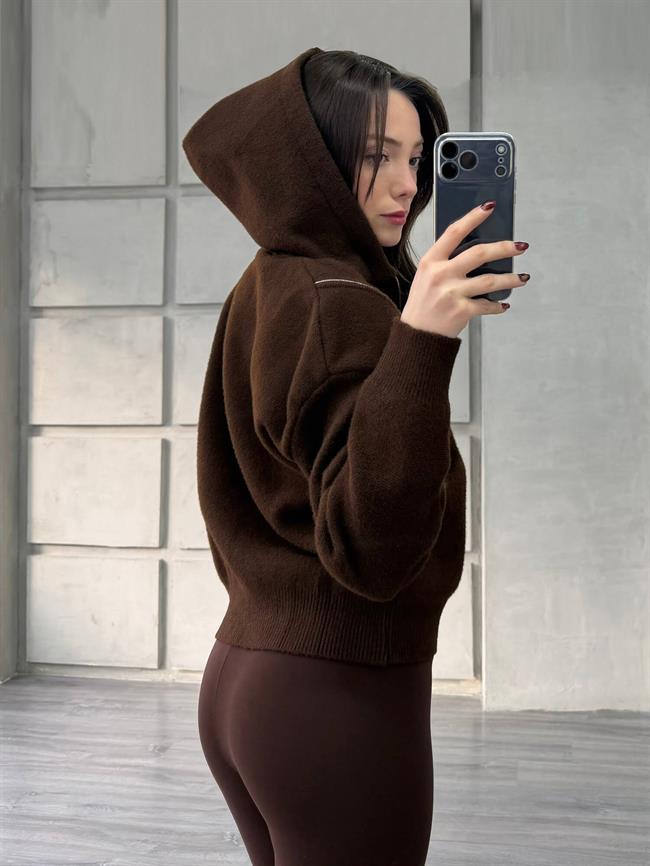 Boncuk Şeritli Kapüşonlu Peluş Hırka 145109 Kahve