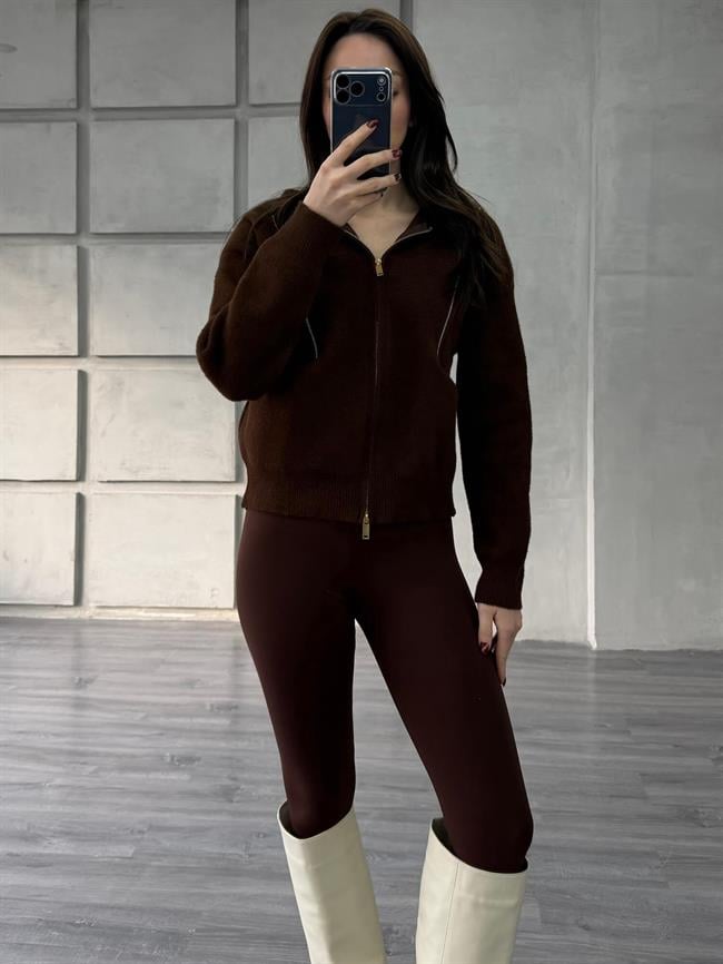 Boncuk Şeritli Kapüşonlu Peluş Hırka 145109 Kahve