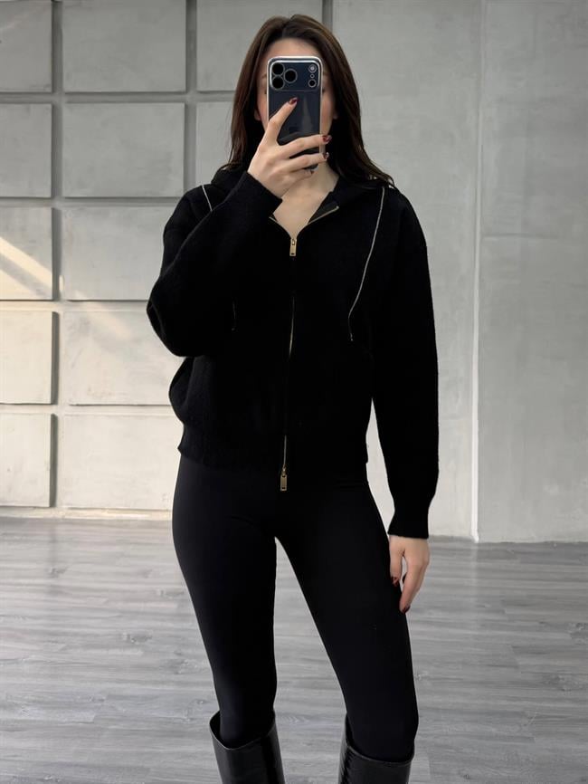 Boncuk Şeritli Kapüşonlu Peluş Hırka 145109 Siyah