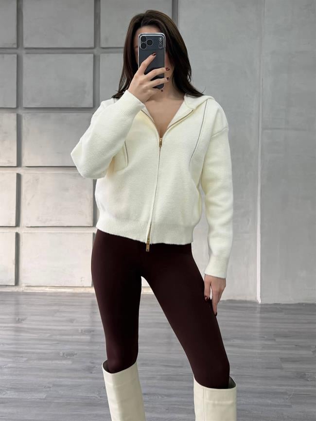 Boncuk Şeritli Kapüşonlu Peluş Hırka 145109 Vanilya