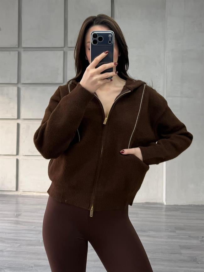 Boncuk Şeritli Kapüşonlu Peluş Hırka 145109 Kahve