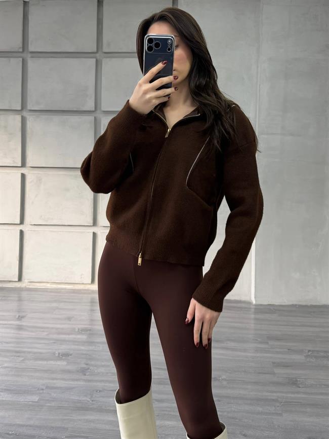 Boncuk Şeritli Kapüşonlu Peluş Hırka 145109 Kahve