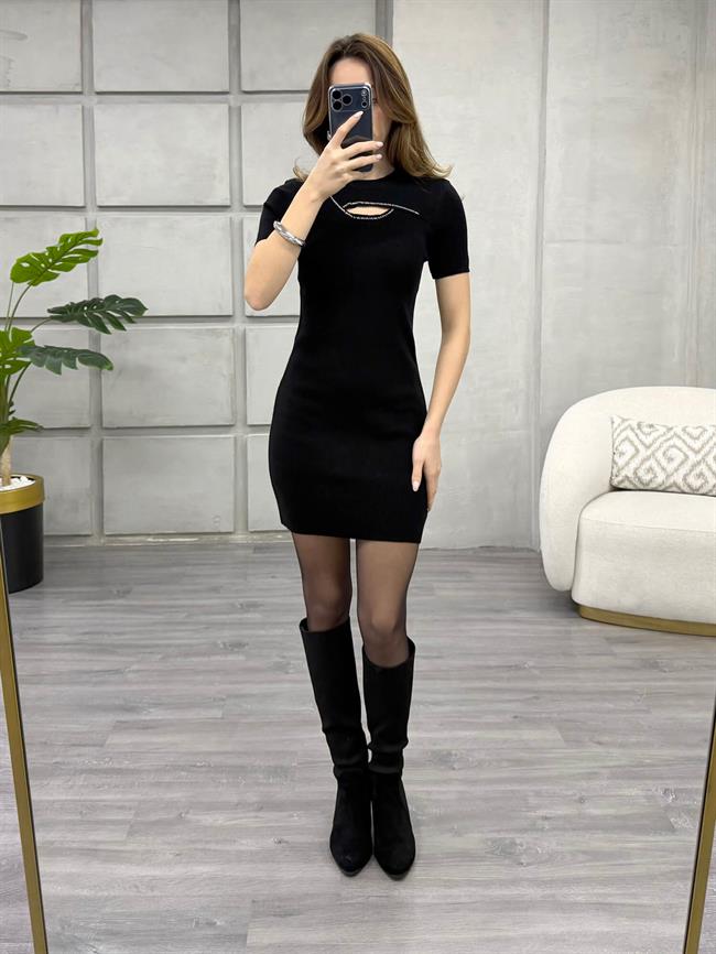Boncuk Ve Göğüs Detaylı Elbise 140458 Siyah