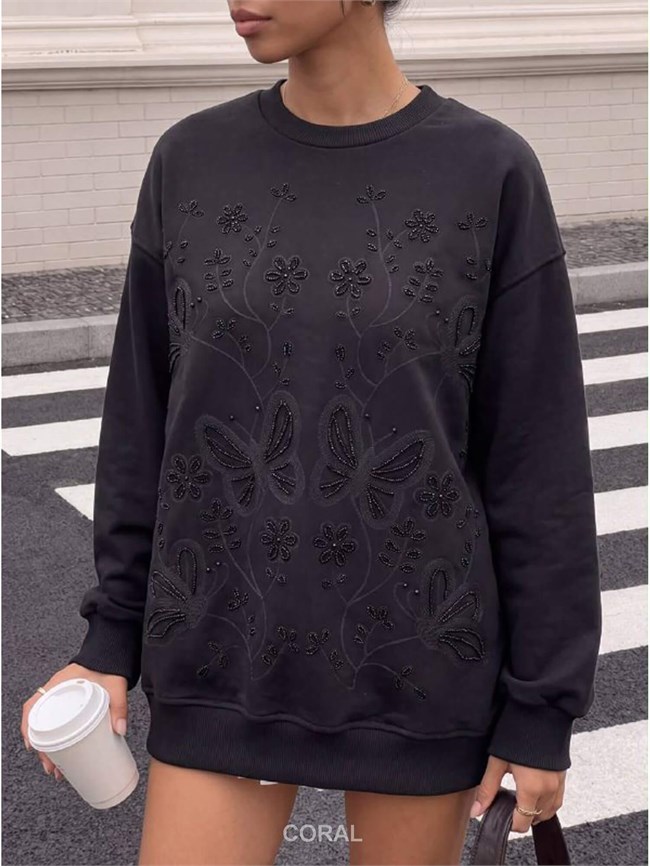 Boncuklu Çiçek İşlemeli Sweatshirt 5947 Siyah