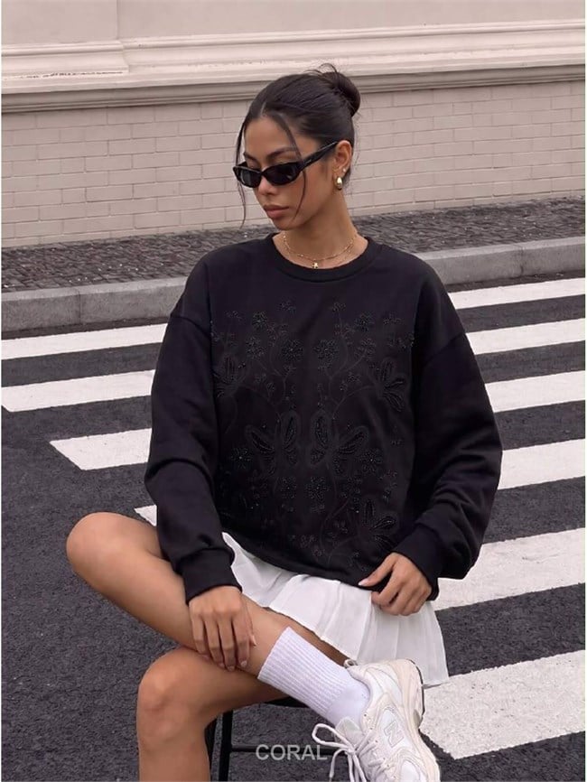 Boncuklu Çiçek İşlemeli Sweatshirt 5947 Siyah