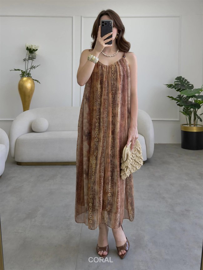 Boncuklu İnce Askılı Desenli Elbise 3466 Camel