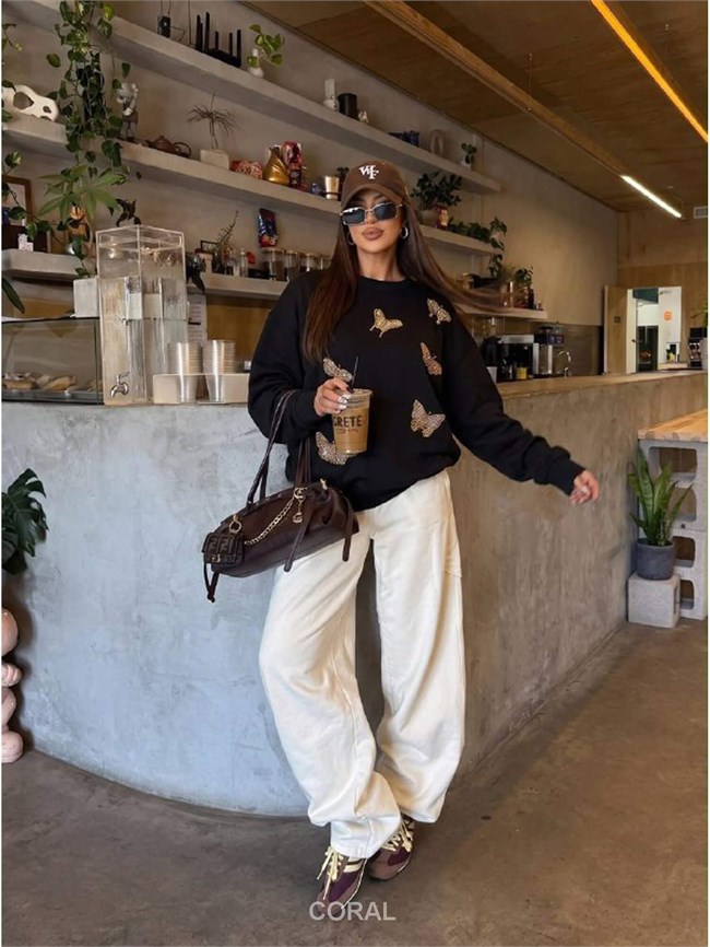 Boncuklu Kelebek İşlemeli Sweatshirt 5966 Siyah