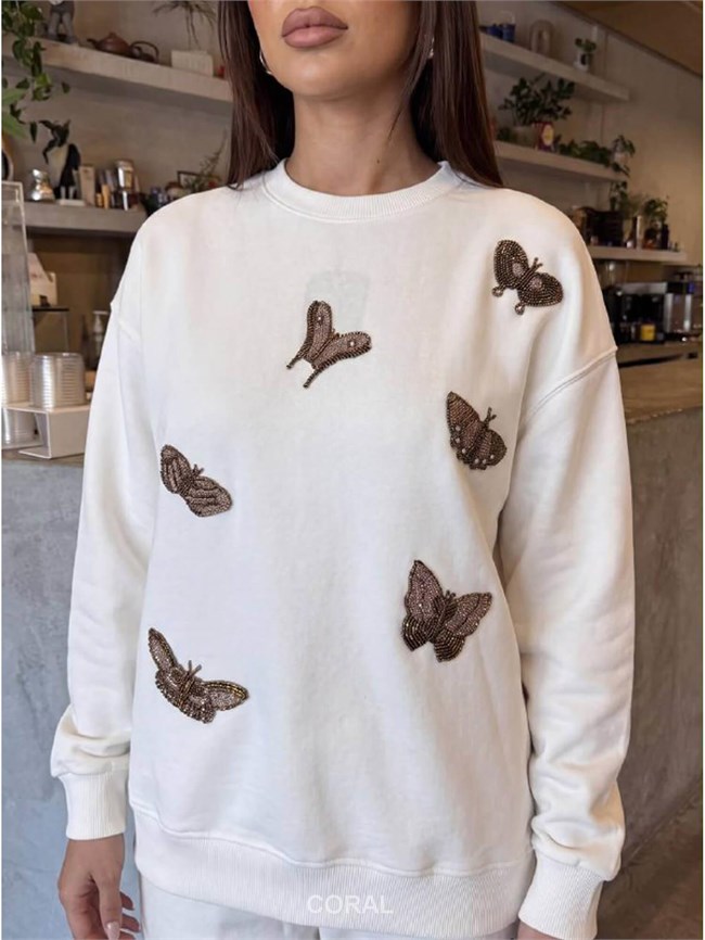 Boncuklu Kelebek İşlemeli Sweatshirt 5966 Beyaz