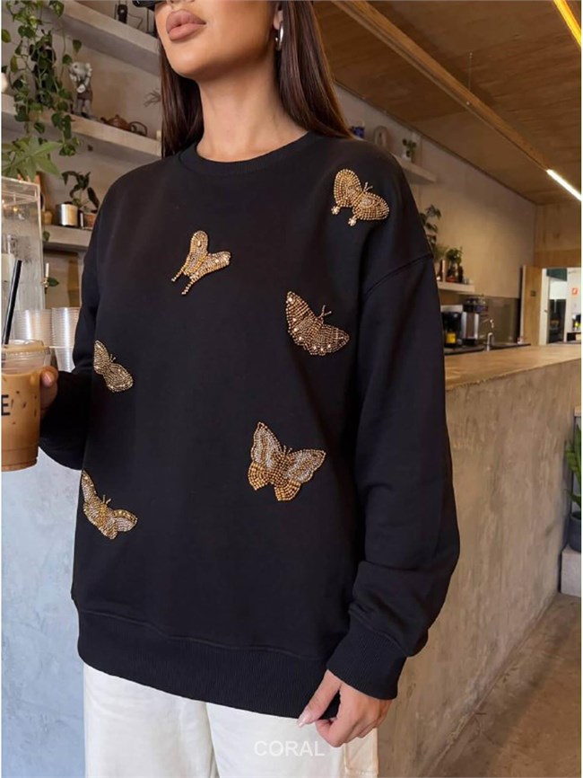 Boncuklu Kelebek İşlemeli Sweatshirt 5966 Siyah