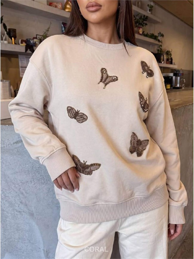 Boncuklu Kelebek İşlemeli Sweatshirt 5966 Bej