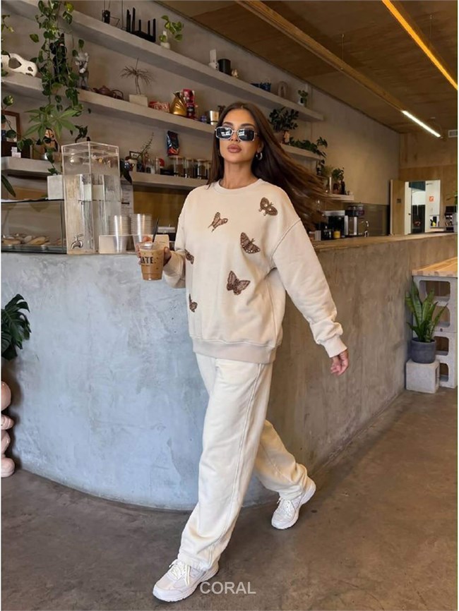 Boncuklu Kelebek İşlemeli Sweatshirt 5966 Beyaz