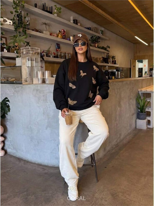Boncuklu Kelebek İşlemeli Sweatshirt 5966 Siyah