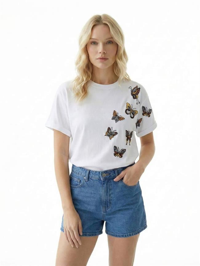 Boncuklu Kelebek İşlemeli Tişört 7438 Beyaz