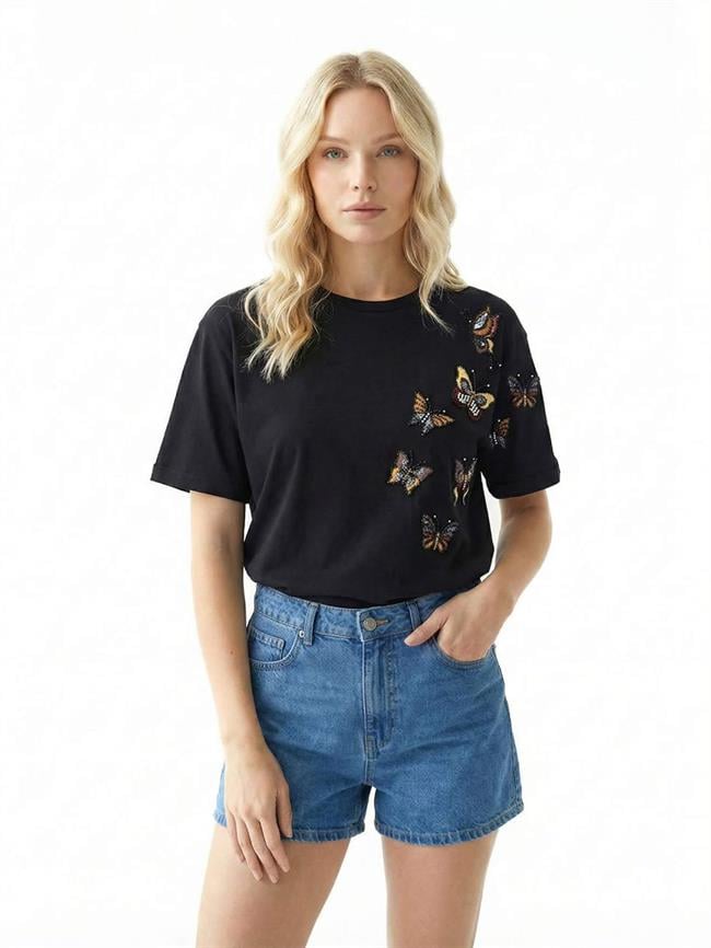 Boncuklu Kelebek İşlemeli Tişört 7438 Siyah