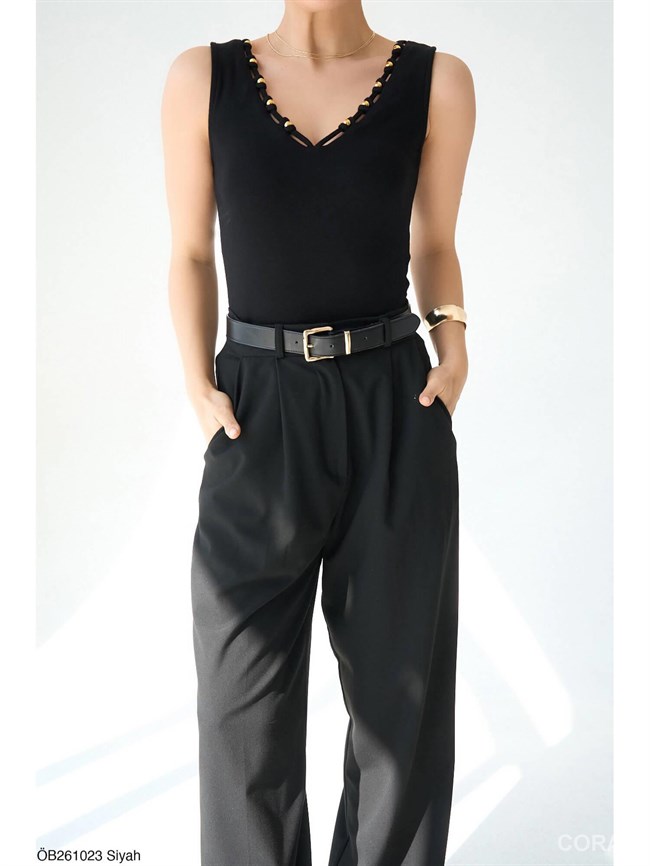 Boncuklu V Yaka Badi ÖB261023 Siyah