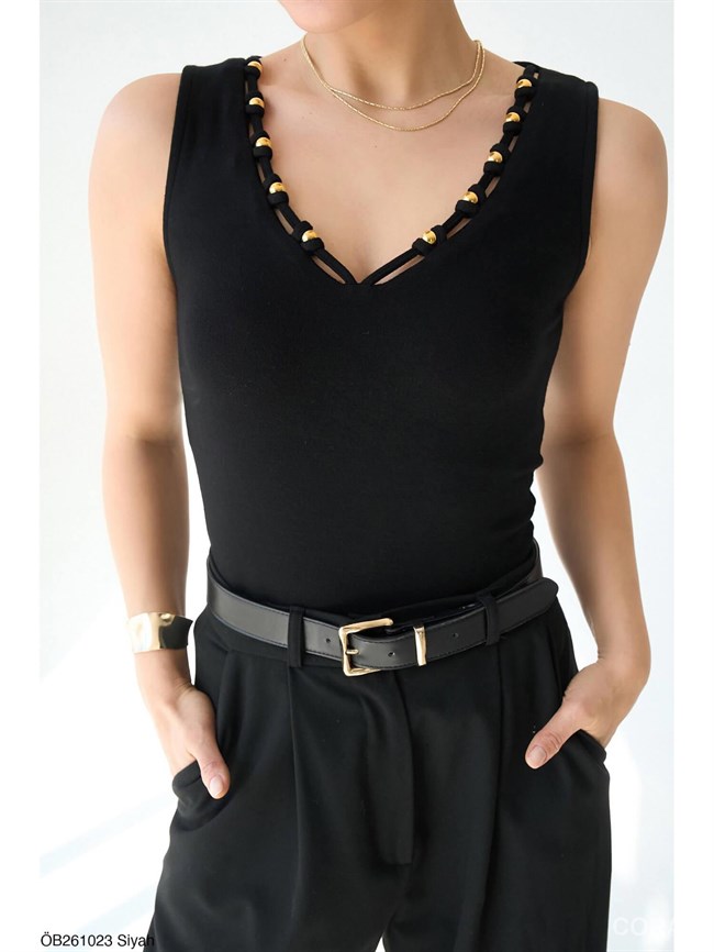 Boncuklu V Yaka Badi ÖB261023 Siyah