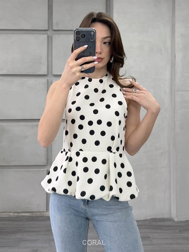 Boyun Askılı Puantiyeli Bluz 20436 Beyaz