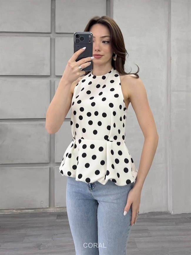 Boyun Askılı Puantiyeli Bluz 20436 Beyaz