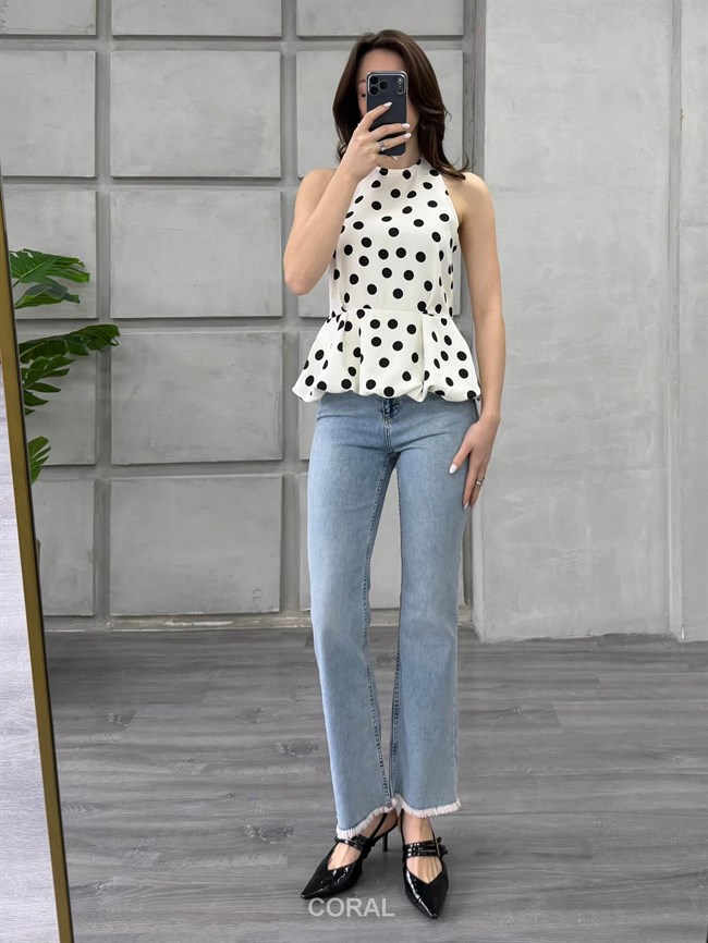 Boyun Askılı Puantiyeli Bluz 20436 Beyaz