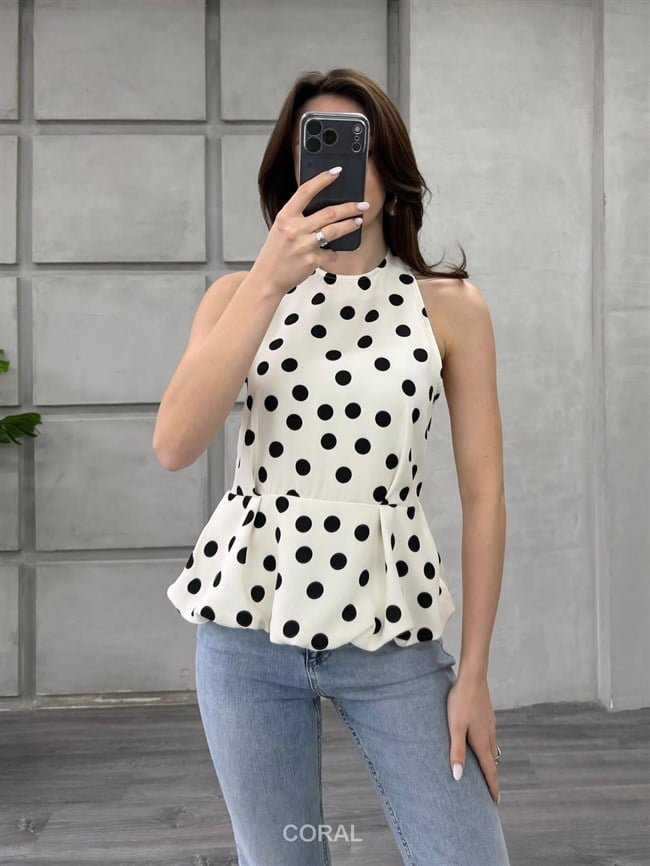 Boyun Askılı Puantiyeli Bluz 20436 Beyaz