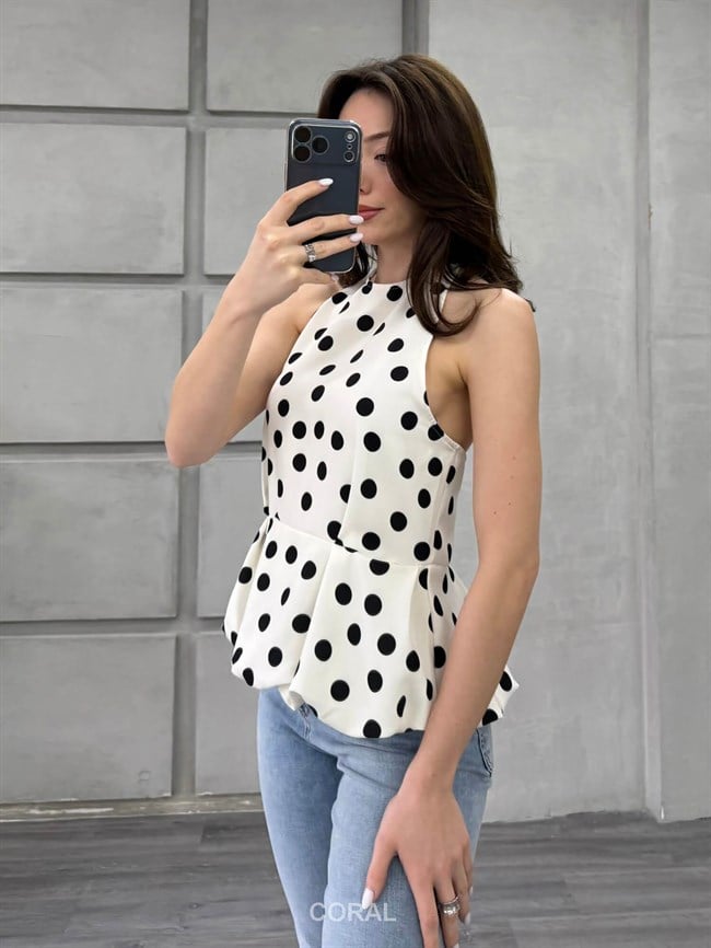 Boyun Askılı Puantiyeli Bluz 20436 Beyaz