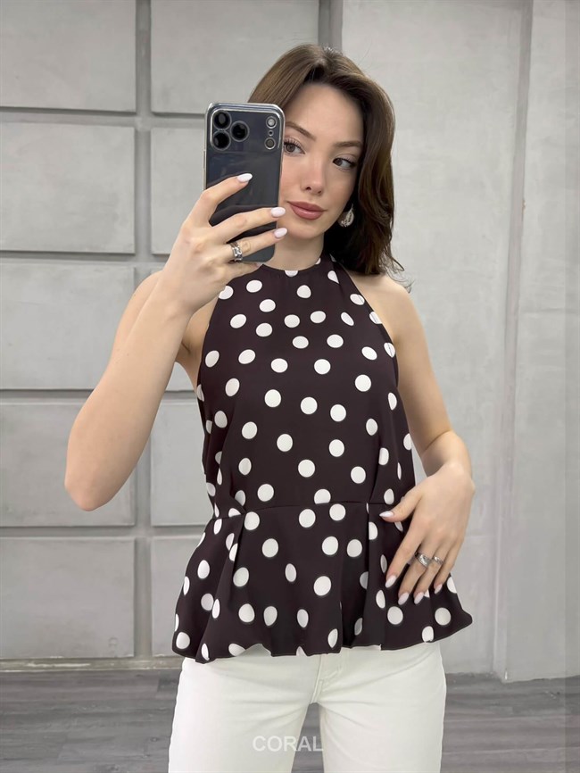 Boyun Askılı Puantiyeli Bluz 20436 Kahve