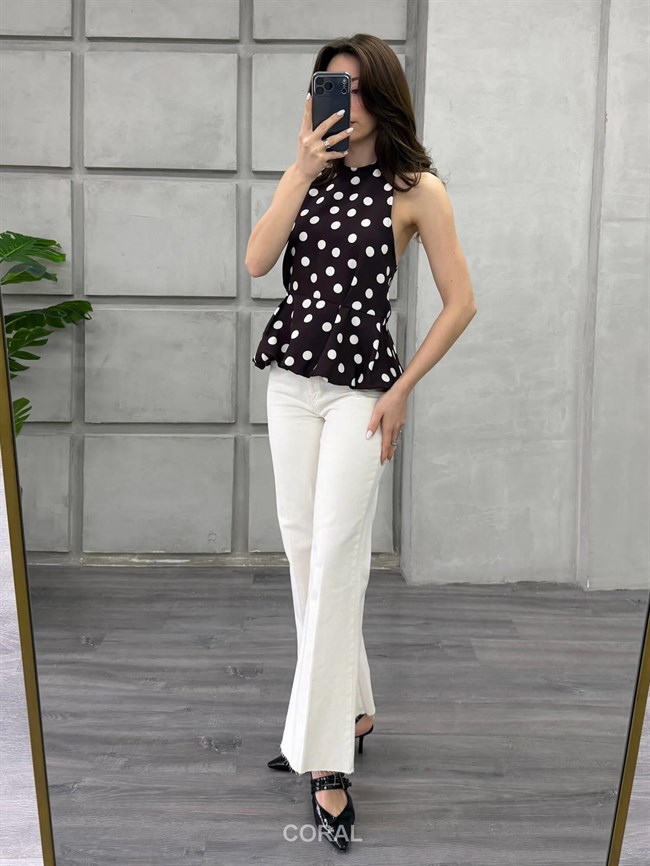 Boyun Askılı Puantiyeli Bluz 20436 Kahve