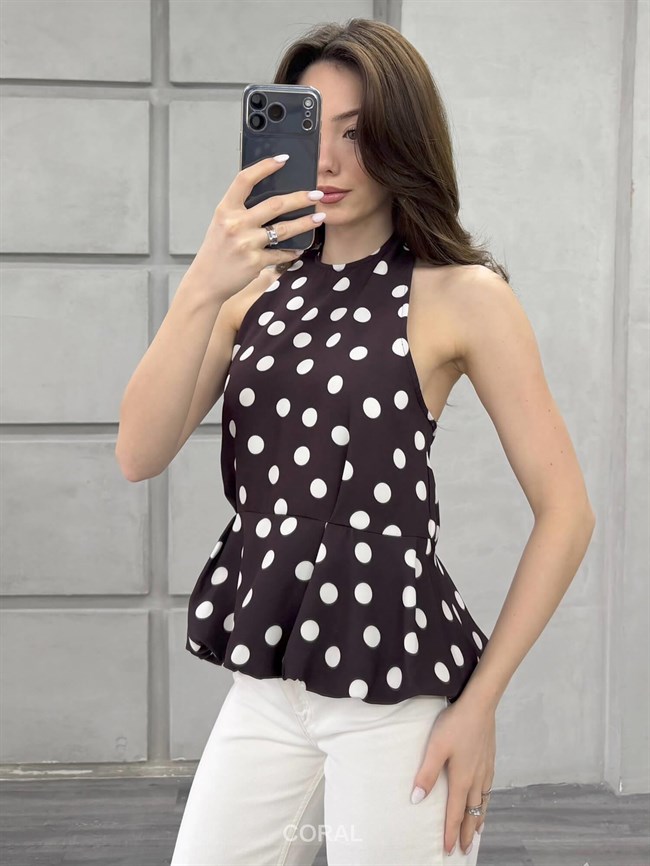 Boyun Askılı Puantiyeli Bluz 20436 Kahve