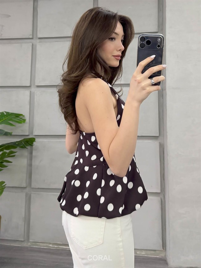 Boyun Askılı Puantiyeli Bluz 20436 Kahve