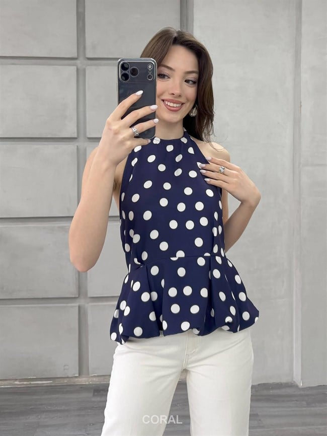 Boyun Askılı Puantiyeli Bluz 20436 Lacivert