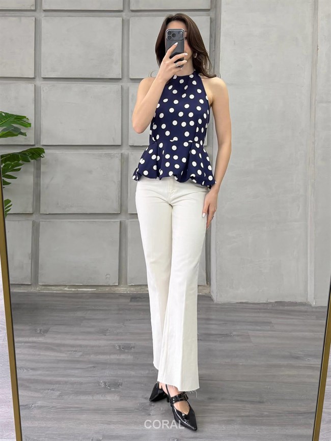 Boyun Askılı Puantiyeli Bluz 20436 Lacivert