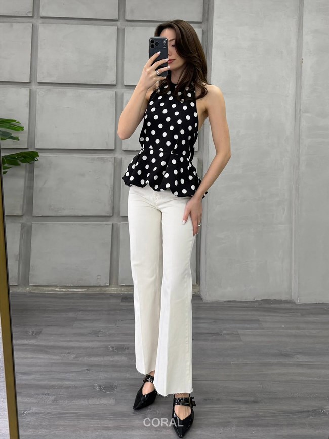 Boyun Askılı Puantiyeli Bluz 20436 Siyah