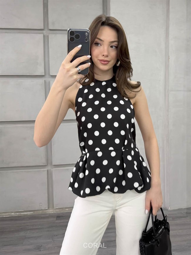 Boyun Askılı Puantiyeli Bluz 20436 Siyah