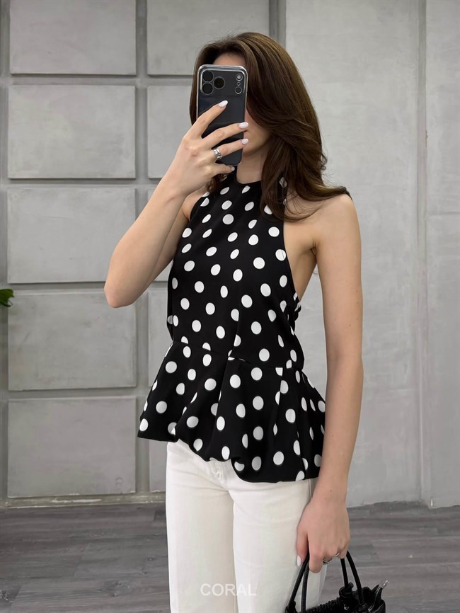 Boyun Askılı Puantiyeli Bluz 20436 Siyah