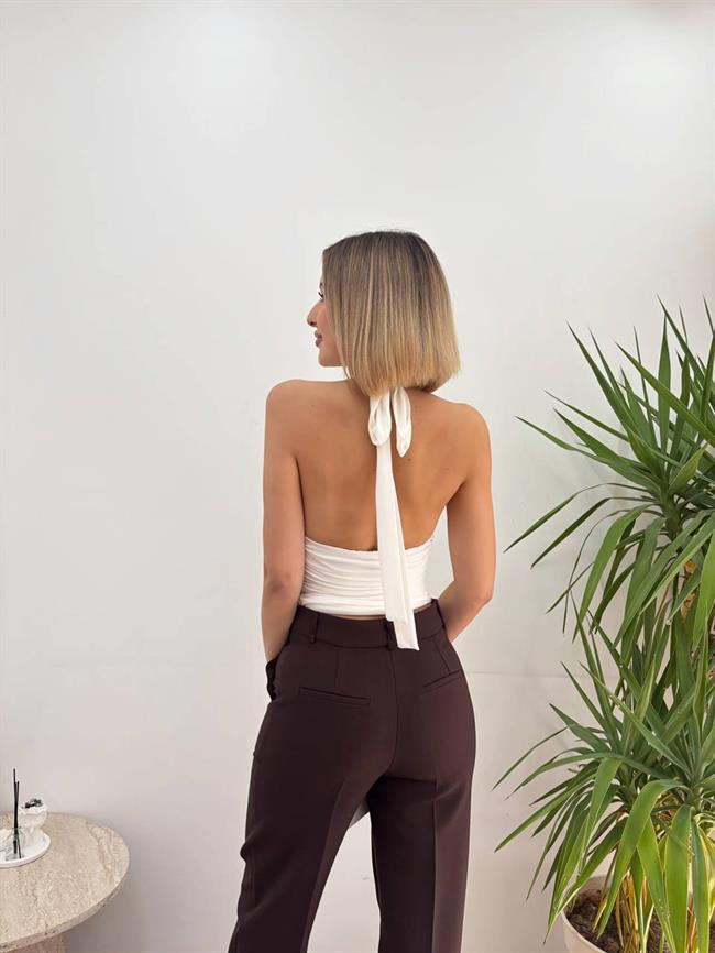 Boyun Bağlamalı Aksesuarlı Büzgülü Bluz 20069 Beyaz