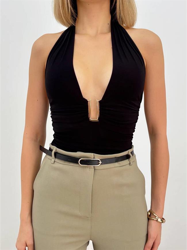 Boyun Bağlamalı Aksesuarlı Büzgülü Bluz 20069 Siyah