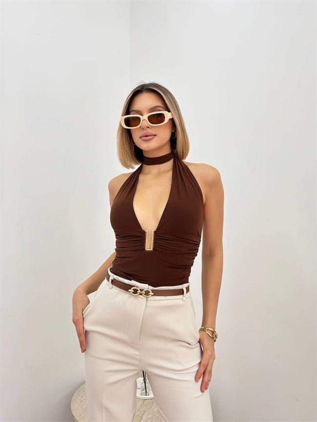 Boyun Bağlamalı Aksesuarlı Büzgülü Bluz 20069 Kahve