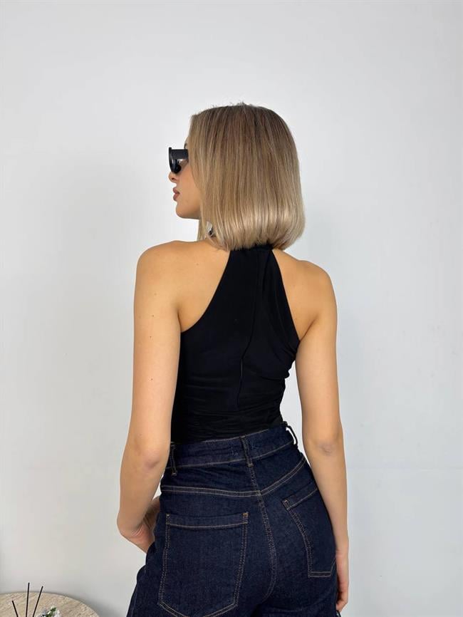 Boyundan Askılı Büzgülü Kolsuz Bluz 20119 Siyah