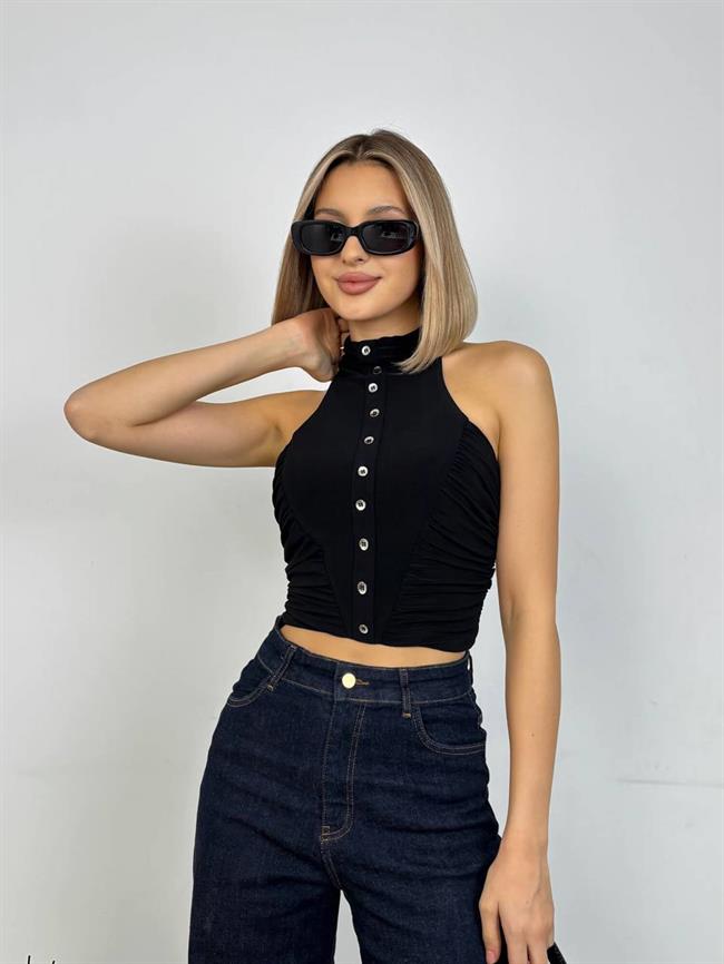 Boyundan Askılı Büzgülü Kolsuz Bluz 20119 Siyah