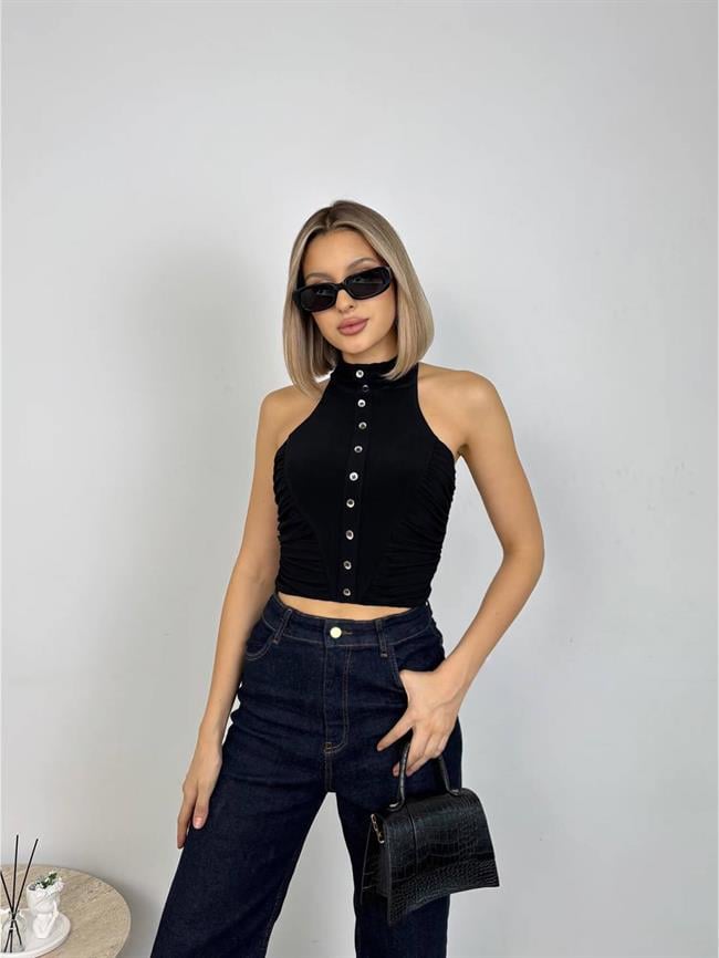 Boyundan Askılı Büzgülü Kolsuz Bluz 20119 Siyah