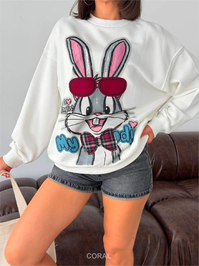 BugsBunny Gözlük Aplikeli SweatShirt 5901 Beyaz