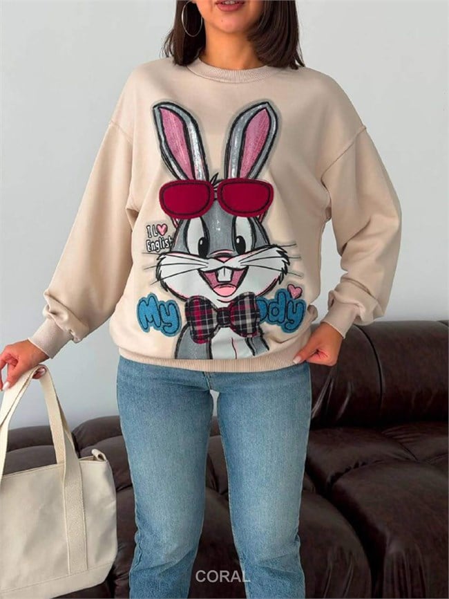BugsBunny Gözlük Aplikeli SweatShirt 5901 Bej
