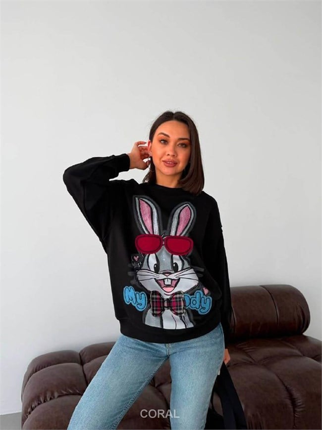 BugsBunny Gözlük Aplikeli SweatShirt 5901 Siyah