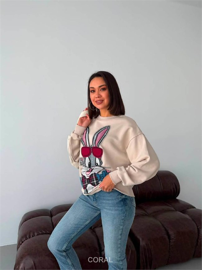 BugsBunny Gözlük Aplikeli SweatShirt 5901 Bej