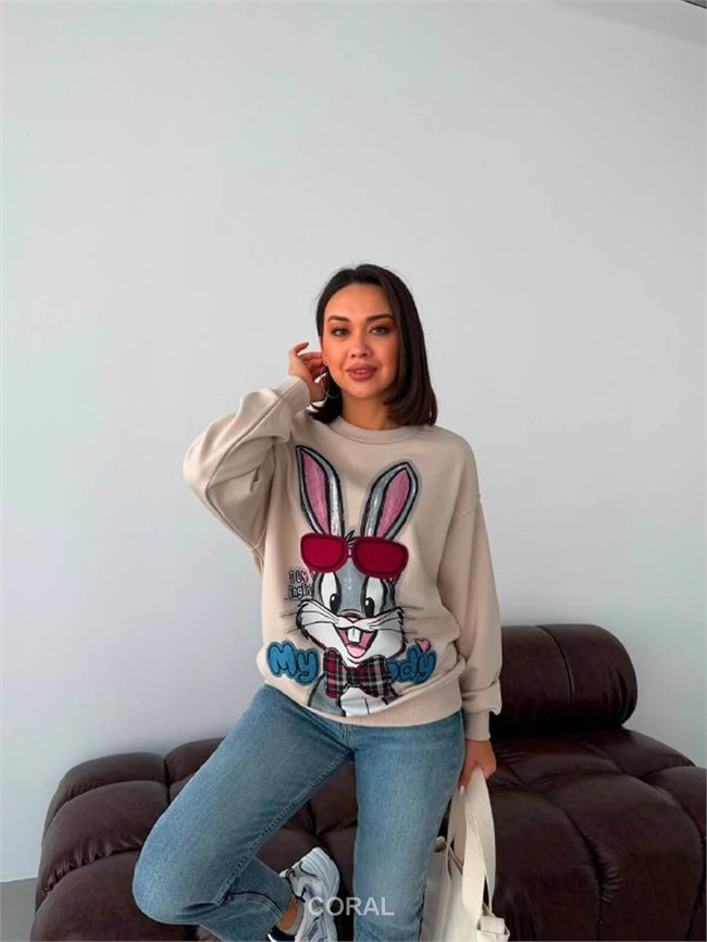 BugsBunny Gözlük Aplikeli SweatShirt 5901 Bej