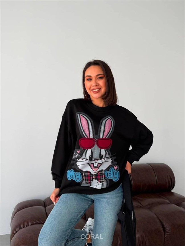 BugsBunny Gözlük Aplikeli SweatShirt 5901 Siyah