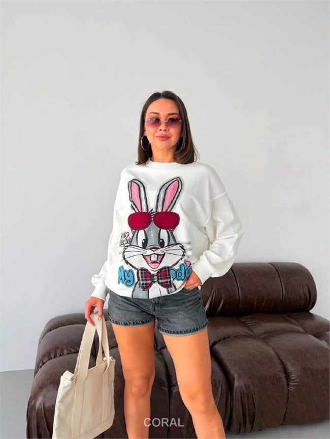 BugsBunny Gözlük Aplikeli SweatShirt 5901 Beyaz