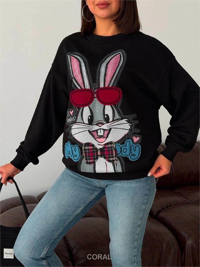 BugsBunny Gözlük Aplikeli SweatShirt 5901 Siyah