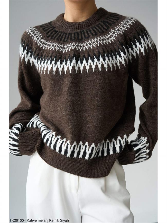 Buruk Desen Jakarlı Kazak Tk261004 Kahve - Krem