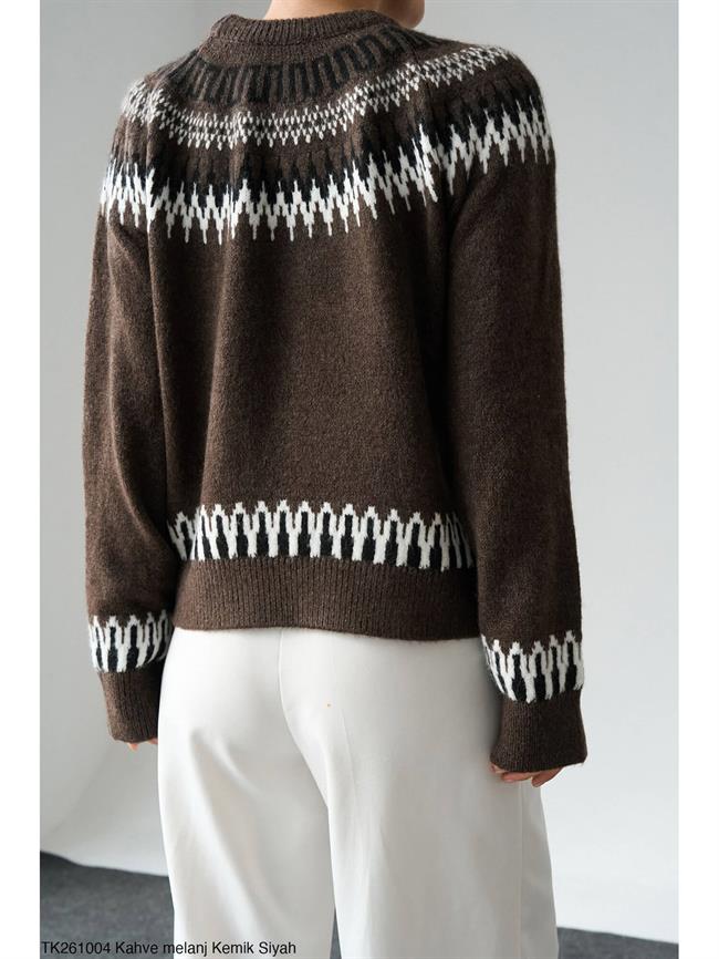 Buruk Desen Jakarlı Kazak Tk261004 Kahve - Krem